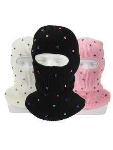 1pc Women's Y2K Rhinestone Balaclava Hat, Unisex One-Hole Knitted Head Cover, Fashionable Face Mask Cap, Suitable For Daily Streetwear And Party - Single-hole Head Cover - View 9