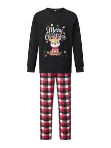 Family Christmas Matching Pajamas Set Long Sleeve Tops With Plaid Pants - Black - View 4