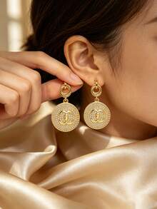 MTOW 1 Pair 18K Gold-Plated Double C Round Pendant Earrings, Cubic Zirconia Women's Earrings, Luxurious Designer Style Copper Earrings, Ideal Gift For Her - Multicolor - View 4