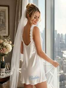 Personalized Bridal Camisole Dress, Customized Embroidered Bridal Getting Ready Set, Satin Wedding Morning Robe, Bridal Party Gift - Multicolor - View 4