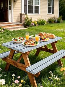 3 Pieces Picnic Tablecloth Set With Bench Cover, Elastic Edge Design, Striped Pattern, Washable Rectangular Tablecloth, Suitable For Weddings, Camping, Picnics, Garden Parties And More, Practical Essential - B - View 6