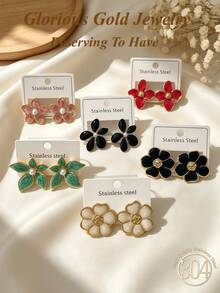 6/3 Pairs Premium Stainless Steel Earrings, Including Various Colors Of Flowers. Diverse Styles, Low-Allergenic Earring Set, Versatile And Elegant, Stainless Steel Earrings Suitable For Women's Daily Wear, Best Gift Choice For Women Friends On Christmas/Halloween And Other Holidays. - Oil Dripping Kit - View 3