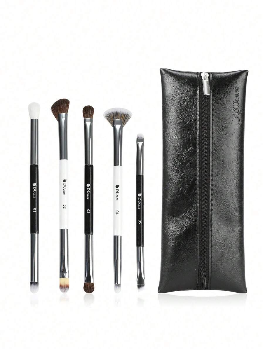 DUcare 5 Pcs Dual-Ended Eye Shadow Makeup Brush Set With Travel Makeup Bag, Essential Eye Brushes For Precision, Blending, Crease & Highlight - Black and White - View 1