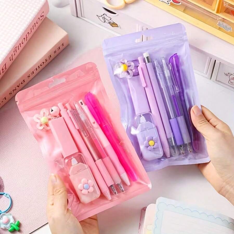 8-In-1 Writing Tool Set - Fresh Stationery Pack, Includes Highlighter, Pendant, Eraser, 2 Clickable Pens, Mechanical Pencil And Gel Pen, Highly Attractive Colorful Writing Tools, Back To School Gift Set For Journaling And Learning - Multiple Styles - View 1