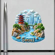 首爾河谷古塔與現代天際線雲切框磁鐵，舊與新在寧靜河灣交會，適用於家中所有金屬表面的紀念品 - A - 查看 3