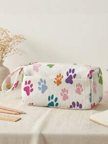 1pc Animal Paw Prints Corduroy Foldable Pencil Case With Side Pocket & Handle, Multi-Use Bag For Start Of School & Travel Essentials,School Supplies - Multicolor - View 12
