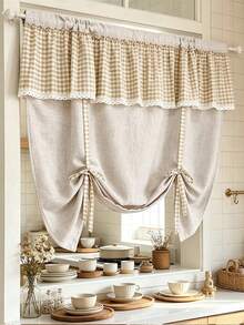 1pc Vinatge Plaid Valance Tie Up Curtain, Farmhouse Linen Balloon Window Shade, Light Filtering Adjustable Bow Roman Curtain For Bedroom Kitchen Cafe Window Decor - Beige - View 5
