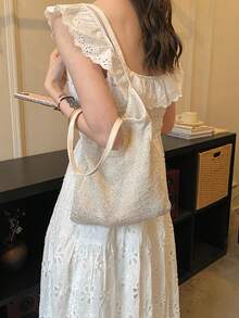 Shiny Sequin Embellished Transparent Mesh Wrap Large Capacity Open-Top Lightweight Soft Versatile Ins French Chic Shoulder Bag For Work Shopping And Dating - Beige - View 6
