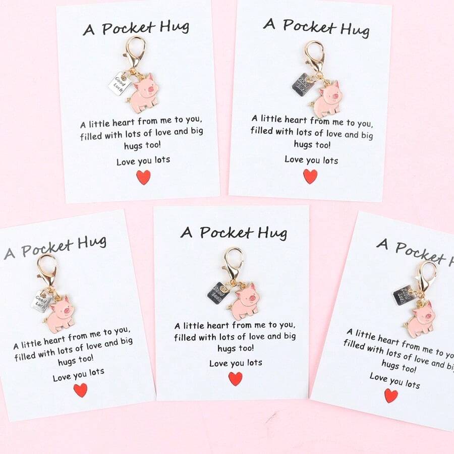5pcs/10pcs 2D Flat Pink Pig Keychain Set, With "A Pocket Hug" Cards, Casual Keychain, Suitable For Holiday And Birthday Gifts For Friends - Pink - View 1