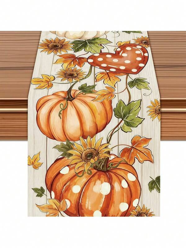 1pc, Autumn Pumpkin Table Runner, Polka Dot Pumpkin, Sunflower, And Maple Leaf Harvest Thanksgiving Decoration