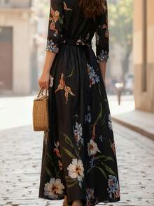 Floral Print Vintage Elegant Woven Fabric Belted Dress For Evening Date Holiday School Vacation Daily Garden Spring Autumn Winter - Black - View 5