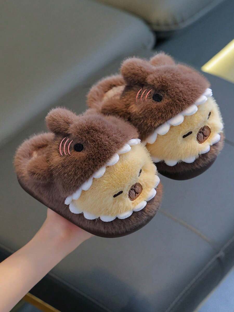 1 Pair Kids Cartoon Capybara Plush Slippers, Warm Simple Non-Slip Cute Fuzzy Slippers For Boys And Girls, Autumn/Winter New Style - Coffee Brown - View 1
