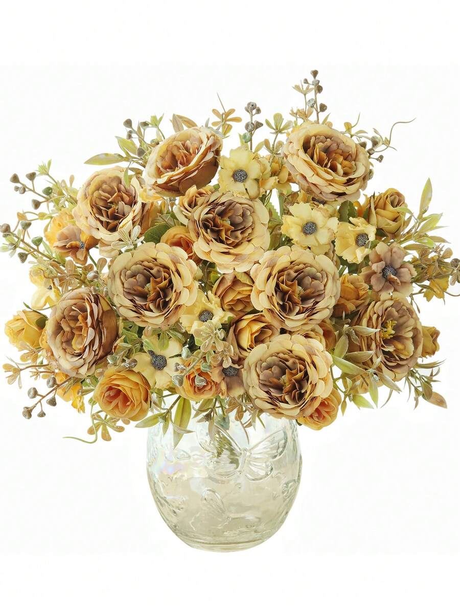 1pc Artificial Rose, Chrysanthemum, Hydrangea Silk Flower Bouquet, Suitable For Home Decor, Kitchen Decor, Autumn Decor, Outdoor Decor, Table Decor, Wedding Decor, Artificial Plants, Women's Gift, Back To School Season - Yellow - View 1