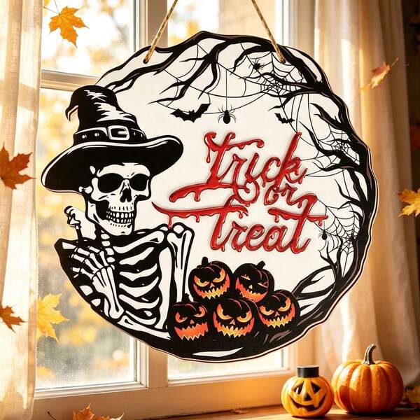 1pc Halloween Trick Or Treat Wooden Hanging Sign, Round Skeleton Witch Hat Door Hanger With Pumpkin Spider Bat Pattern, Spooky Vintage Wall Plaque For Front Porch, Entryway, Indoor Outdoor Home Halloween Party Haunted House Decoration Ornament