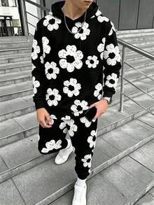 2pcs/Set Tween Boys Casual Street Hip-Hop Style All-Over Print Design Hoodie Long Sleeve Sweatshirt And Matching Printed Long Pants Set Spring/Autumn - Black - View 3
