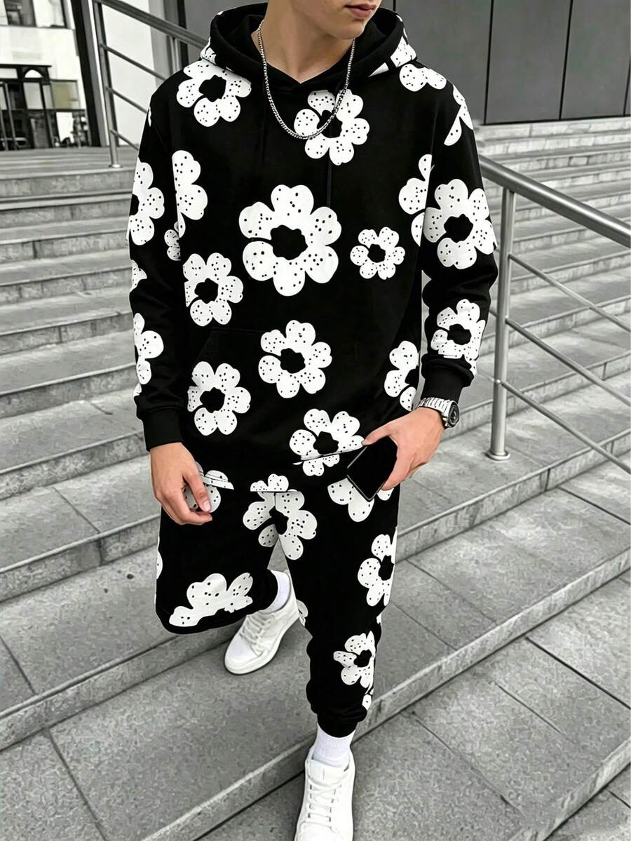 2pcs/Set Tween Boys Casual Street Hip-Hop Style All-Over Print Design Hoodie Long Sleeve Sweatshirt And Matching Printed Long Pants Set Spring/Autumn - Black - View 1