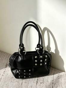 Tas Bahu Vintage Retro Rivet Gaya Jepang & Korea, Tas Bahu Vintage Serbaguna Kapasitas Besar untuk Komuter, Jalan-jalan, Belanja Sehari-hari - Hitam - View 4