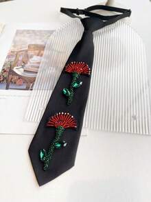 Black Handmade Beaded Floral Tie, Red & Green Rhinestone Flower Decor, Niche Aesthetic Shirt Skinny Tie - Red Double Flowers - View 8