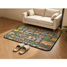 1pc Multicolor Cartoon City Traffic Road Building Stadium Car Print Play Mat, Cute Cartoon Early Education Short Plush Rectangular Edged Anti-Slip Crawling Pad, Children's Room Game Area Early Education Parent-Child Interaction All-Season Home Scene - Multicolor - View 2