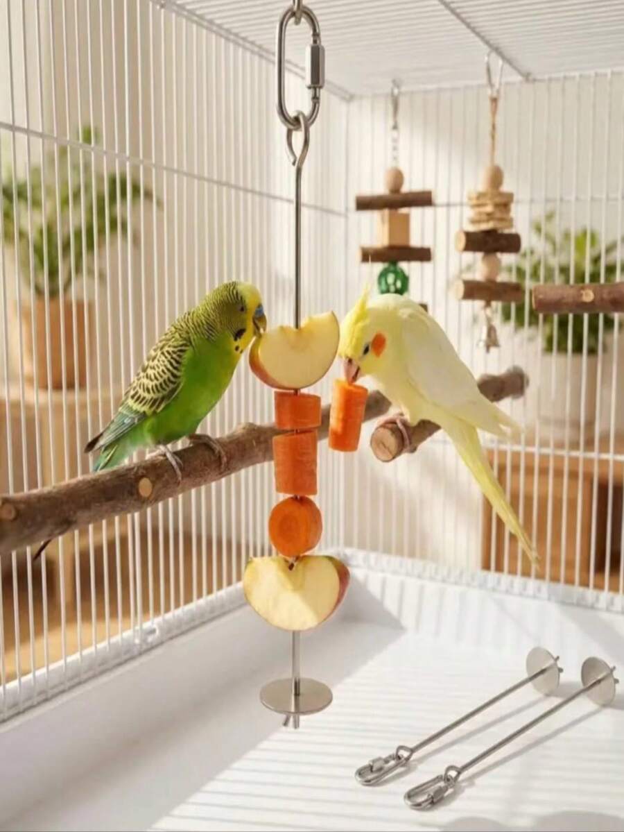 3pcs 17.5cm Stainless Steel Hanging Bird Food Fork - Durable Cage Accessory For Parrots And Small Birds, Fruit And Vegetable Holder, Bird Cage Accessory - A+B - View 1