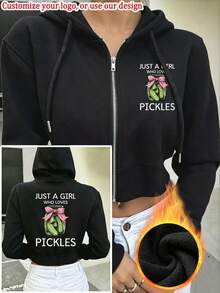 Personalized Custom Women's Hooded Zip-Up Sweatshirt Short Jacket "Girl Who Loves Kimchi" Front And Back Logo Customization, Workwear, Christmas, Halloween, Pumpkin Pattern, Skull Pattern, Thanksgiving, Class Uniform, Advertising Printing, Printed Short Hooded Sweatshirt, Long Sleeve Knitted Fabric Sweatshirt, Autumn Warm Lining - Black - View 1