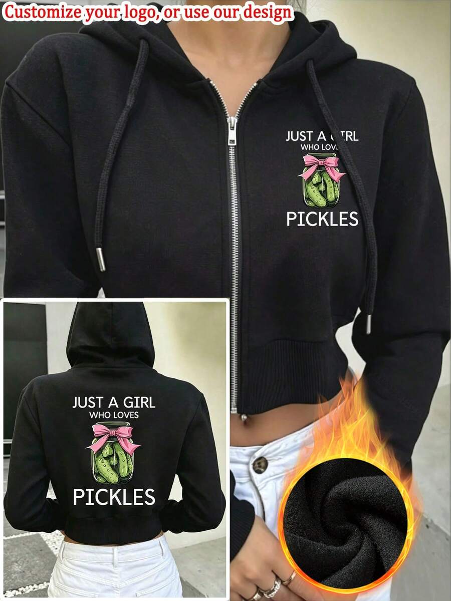 Personalized Custom Women's Hooded Zip-Up Sweatshirt Short Jacket "Girl Who Loves Kimchi" Front And Back Logo Customization, Workwear, Christmas, Halloween, Pumpkin Pattern, Skull Pattern, Thanksgiving, Class Uniform, Advertising Printing, Printed Short Hooded Sweatshirt, Long Sleeve Knitted Fabric Sweatshirt, Autumn Warm Lining - Black - View 1