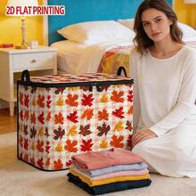 1PC Autumn Pumpkin Maple Leaf Print Storage Bin, Foldable Oxford Fabric Zipper Organizer With Double Handles, Large Capacity Clothes Sundries Storage Box, Fall Thanksgiving Home Storage Container - Multicolor - View 12