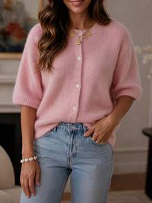 Plus Size Women's Solid Color Round Neck Short Sleeve Single Breasted Knit Cardigan Pink - Pink - View 4