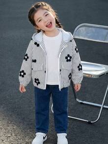 Girls' Casual Fashion Striped & Floral Print Faux Pocket Design Hooded Long Sleeve Zip-Up Jacket, Short Lightweight Jacket For Spring & Autumn - Black and White - View 1