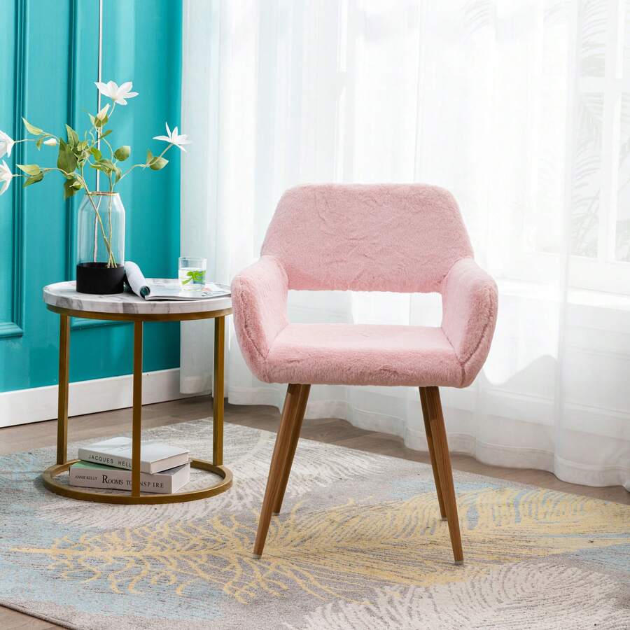 HengMing Faux Fur Dining Chairs, Mid-Century Style Accent Chairs With Lacquered Steel Legs For Dining Room - 淺粉色 - 查看 1