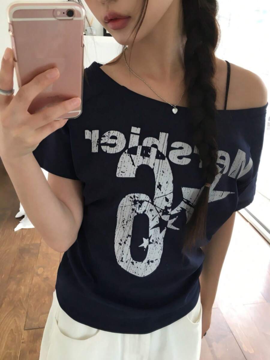 性感印花不对称肩部短袖T恤,修身显瘦露脐上衣,休闲夏季款 - 深藍 - 查看 1