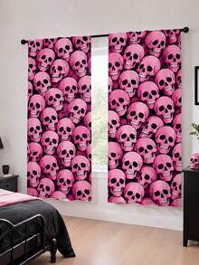 2PCS, Pink Skull Print Curtains, Dark Sweet Cool Style, Halloween Party Home Decor Fabric Curtains - Multicolor - View 7
