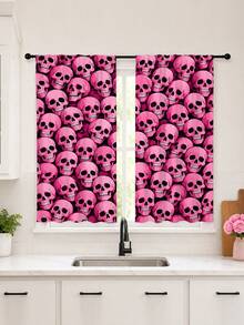2PCS, Pink Skull Print Curtains, Dark Sweet Cool Style, Halloween Party Home Decor Fabric Curtains - Multicolor - View 6