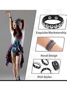 Xiacheng 1Set Punk Rock Studded Bracelet, Biker Cuff | Black Leather, Adjustable Leather Cuff,Y2K Gothic Punk Rock, Wrap Bangle, Snap Button For Halloween - Multicolor - View 4