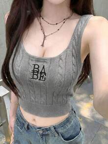 2026春夏女式黑色罗纹吊带背心 - 休闲甜美“BABE”刺绣宽肩带修身无袖上衣，适合日常、约会、聚会等场合。 - 花灰色 - 查看 9