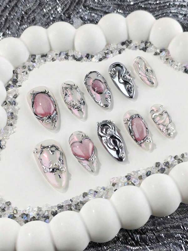 10 Handmade Press-On Nails, Almond Shape, Full Coverage, Medium Length, Pink, Sweet And Cool Style, Suitable For Women And Girls, Suitable As A Gift, With 1 Jelly Pad And 1 Handmade Shaping Pen