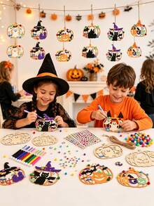 12/25/38 Halloween DIY Wooden Hanging Decor Set - Unfinished Decorations With Randomly Matched Colored Pens, Pom Poms, Gem Stickers And Jute Rope - Creative Painting Activity, Suitable For Halloween Parties, Pajama Parties, School Art Projects And Artistic Hanging Decor - Pumpkin - View 5