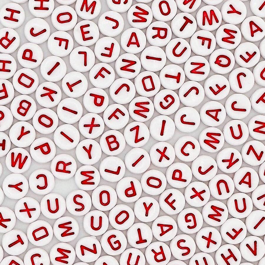 100/500/1000pcs 4*7mm White Round Acrylic Letter Beads With Red Letters, Suitable For Bracelet And Jewelry Making - Multicolor - View 1