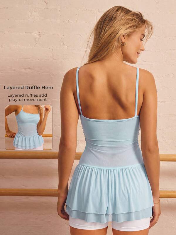 Women's Ballet Style Ruffle Trim Tank Top Yoga Camisole Spaghetti Strap Mesh Sports Tank Top With Padded Cups Pilates Dance Fitness Tank