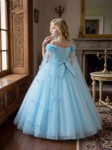 Tween Girls Mesh 3D Floral Princess Dress Elegant Formal Gown For Ball Party, No Headband - Blue - View 1