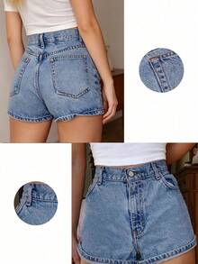 Teens & Teen Girl Retro American Style Gray Denim Shorts, High Waist Versatile Jeans - Medium Wash - View 3