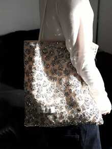 Dedoo Korean Style Sequin Pink Silver Glitter Ins Style Large Capacity Velvet Patchwork Tote Bag, Commuter Casual Shopping Shoulder Lazy Handbag - Silver - View 8