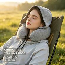 Elevated Solid Color Hooded U-Shaped Pillow Comfortable Nap Pillow Polyester Material Premium Polyester Fiber U-Shaped Neck Pillow Adjustable Elastic Drawstring U-Shaped Pillow Neck Pillow Driving Airplane High-Speed Rail Train Self-Driving Travel Pillow Hat Pillow Office Nap Pillow U-Shaped Pillow - A - View 1