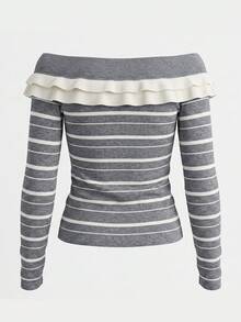 Women's Contrast Color Striped Off-Shoulder Ruffle Long Sleeve Knit Sweater, Slim Fit Flattering Pullover, Versatile For Autumn/Winter - Grey - View 8