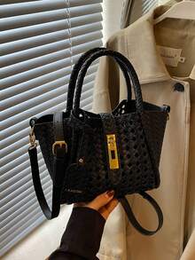SHIMEINI 2pcs/Set New Fashion Woven Hollow Strap Decor Shoulder Handbag Crossbody Bag Suitable For Women's Daily Use, Work Commute, Vacation Travel, Holiday, Party, Shopping, Gift - Black - View 6