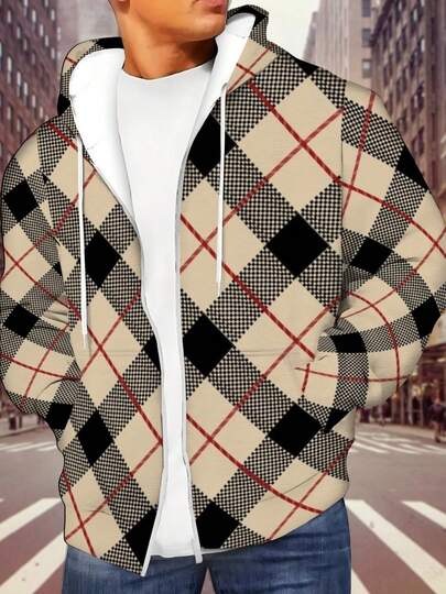Men' Full- Plaid Hoodie With Beige/Black/Red Check Print - Lightweight Zippered Suitable For Outdoor Activities, Casual Wear, Spring & Fall Layering,