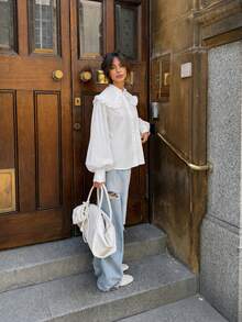 优雅女士纯色彼得潘领主教袖荷叶边细节时尚长袖衬衫，通勤、休闲、春夏秋冬叠穿皆宜，适合新年、情人节、约会、派对、商务办公等场合，白色 - 白色 - 查看 6