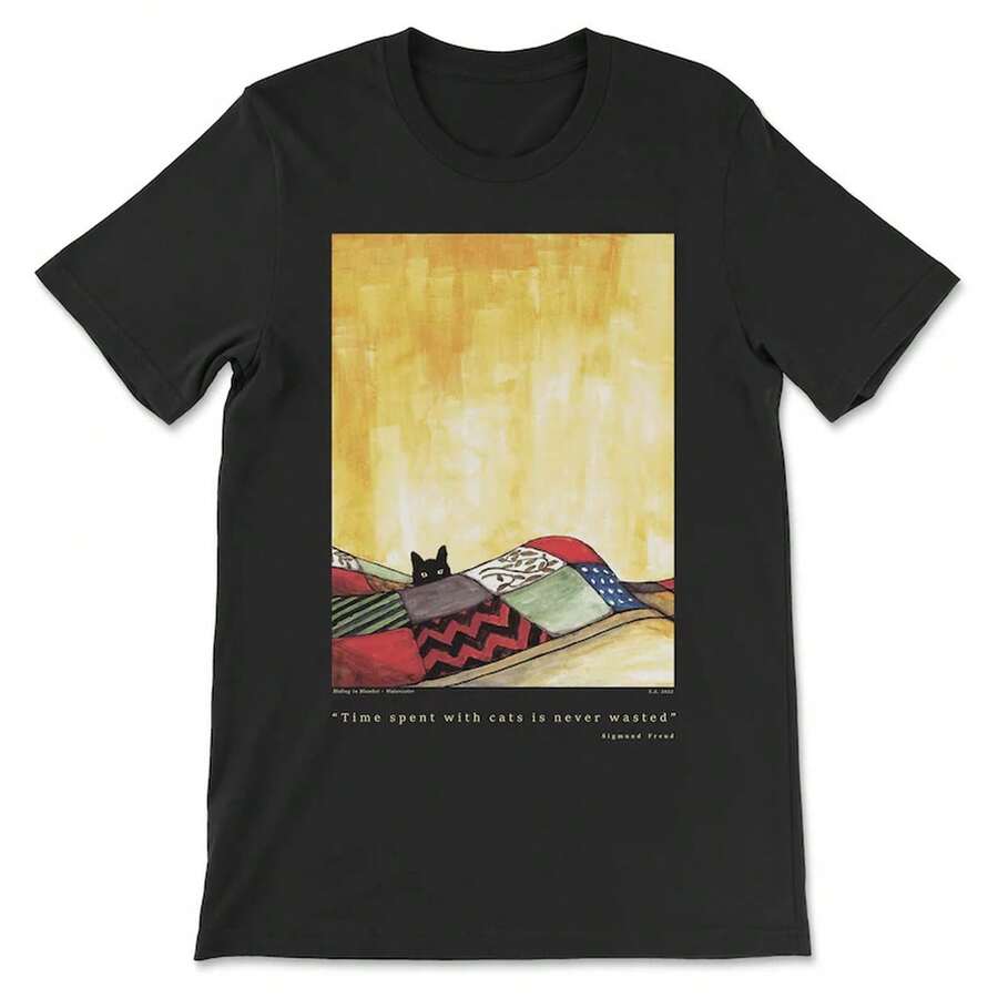 Cat Watercolor Painting T-Shirt, Sigmund Freud Quote -Ser - 黑色 - 查看 1