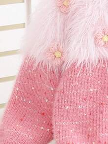 Girls Children's Soft Thick Knit Sweater, Regular Round Neck Casual Everyday Pullover, Autumn Winter Cold Weather, 4Y-7Y - Pink - View 3