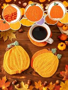 1/4/8pcs Handmade Crochet Pumpkin Coasters, Autumn Harvest Table Decor, Cute Knitted Orange Pumpkin Drink Coasters Set, Heat-Resistant Coaster Rugs, Rustic Style Thanksgiving Halloween Home Decor Kit, Holiday Tabletop Decoration, Housewarming Gift - Multicolor - View 7